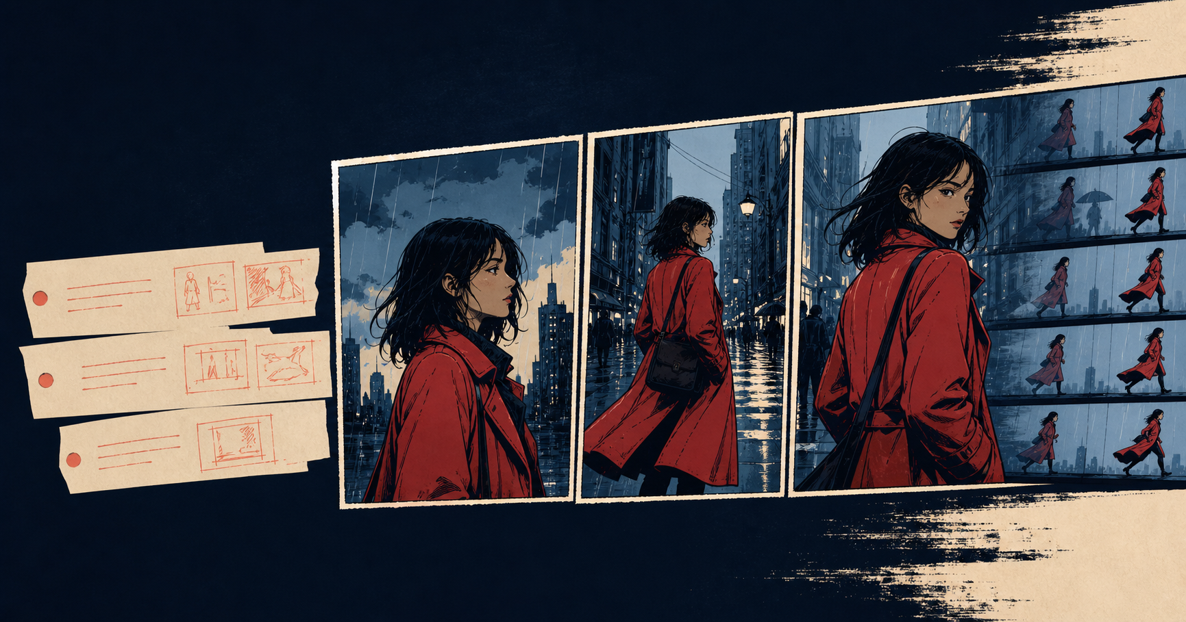 A consistent red-coated character moving through sequential AI comic storyboard panels